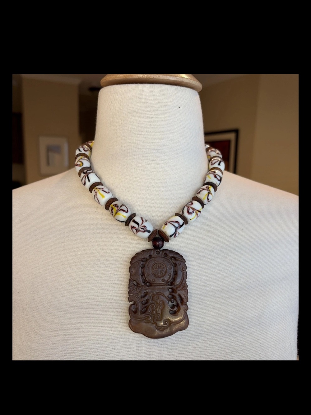 Brown Carved Pendant Necklace with White Patterned Beads